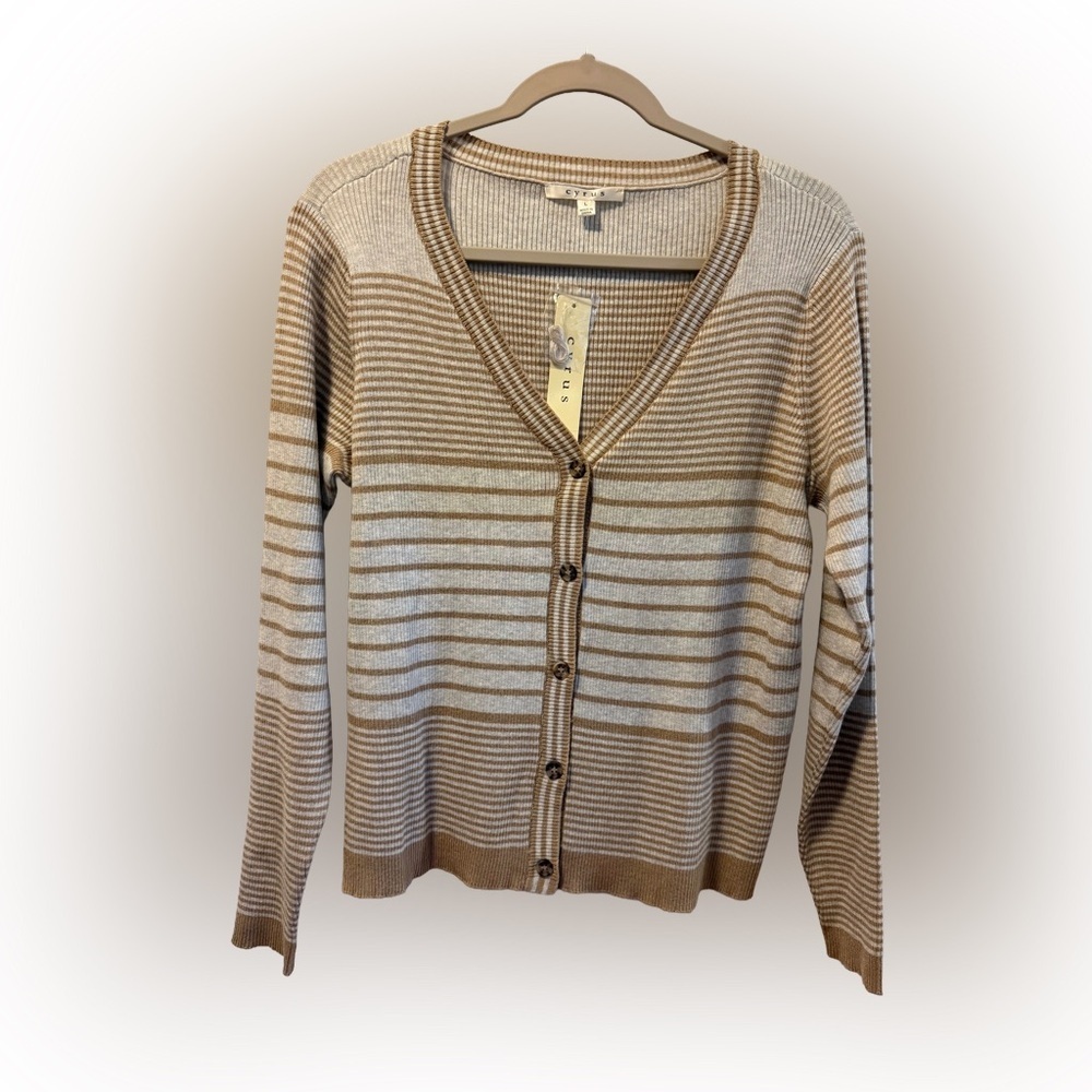 NWT Cyrus Striped Gray and Camel Women's Cardigan Sweater, Size L - Picture 2 of 7